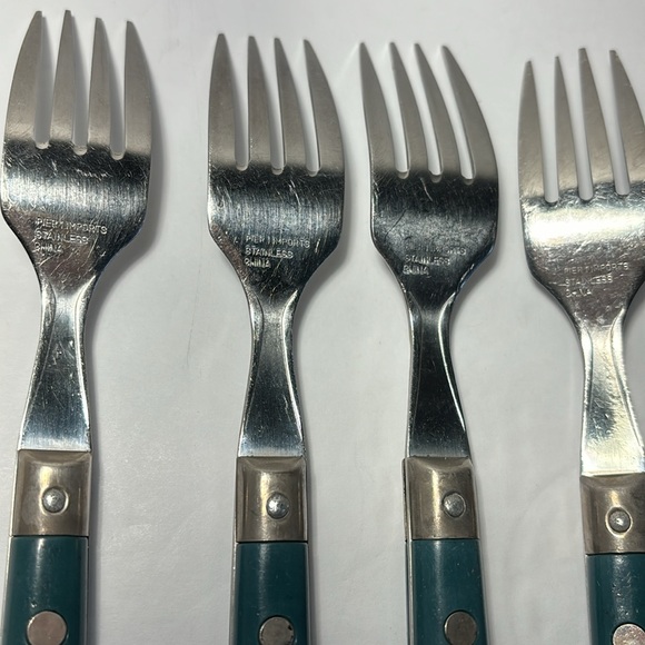 Pier 1 Imports Stainless Flatware Green Teal Rounded Handles SO 12 Forks Knives - Picture 5 of 14
